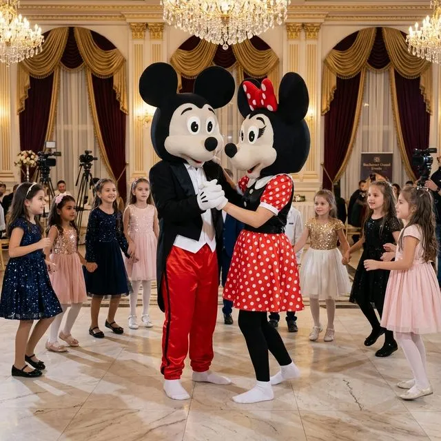 Două mascote Mickey și Minnie cu capete mari.