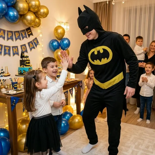 Animator în costum Batman negru, cu glugă/mască și simbol galben pe piept, lângă copii.