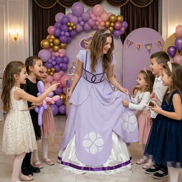 Animatoare cu rochie lungă mov de prințesă, tip Rapunzel, lângă copii.
