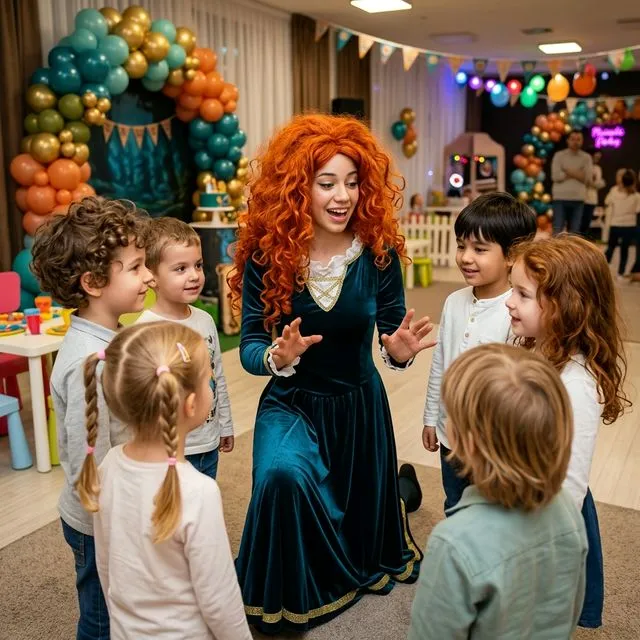 Animatoare cu perucă lungă portocalie și rochie verde închis de prințesă, tip Merida, lângă copii.