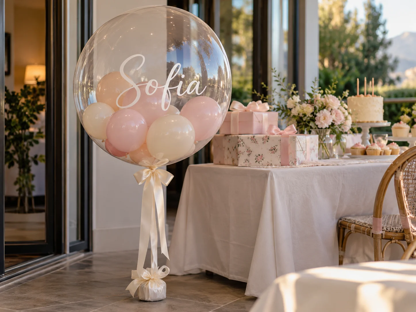 Balon transparent personalizat cu numele Sofia, cu baloane pastel și panglică.