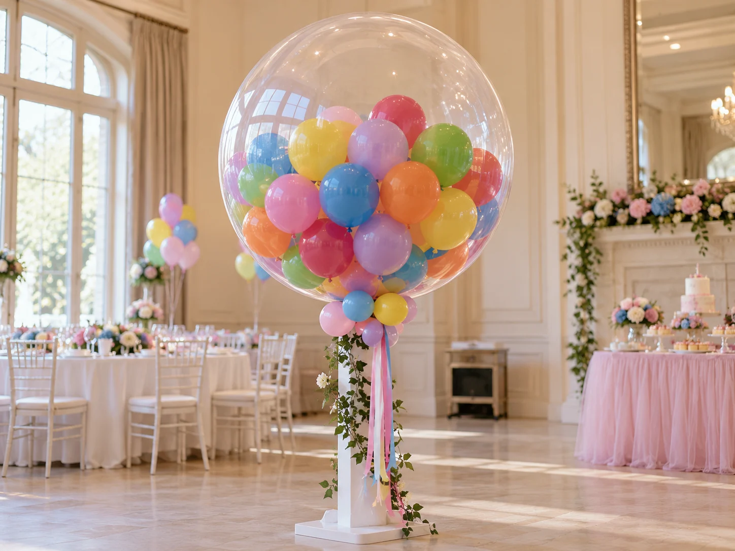 Balon transparent mare cu baloane mici multicolore în interior, înainte de momentul-surpriză.